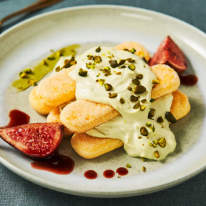 Pistachio tiramisu with balsamic figs